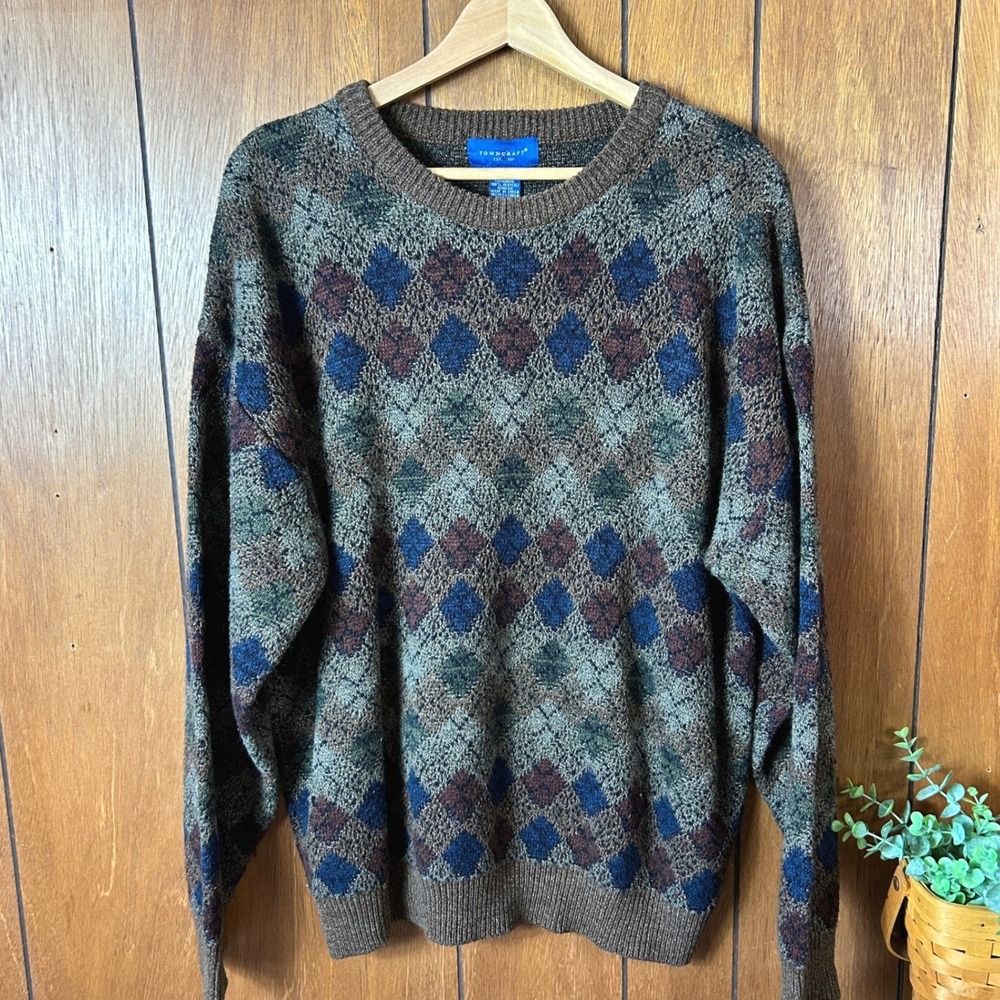 Vintage Towncraft Mens Argyle Sweater Academia Classic Heritage Old Money